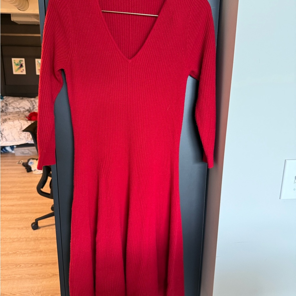 Magaschoni Red Long Sleeve V-Neck Cashmere Dress